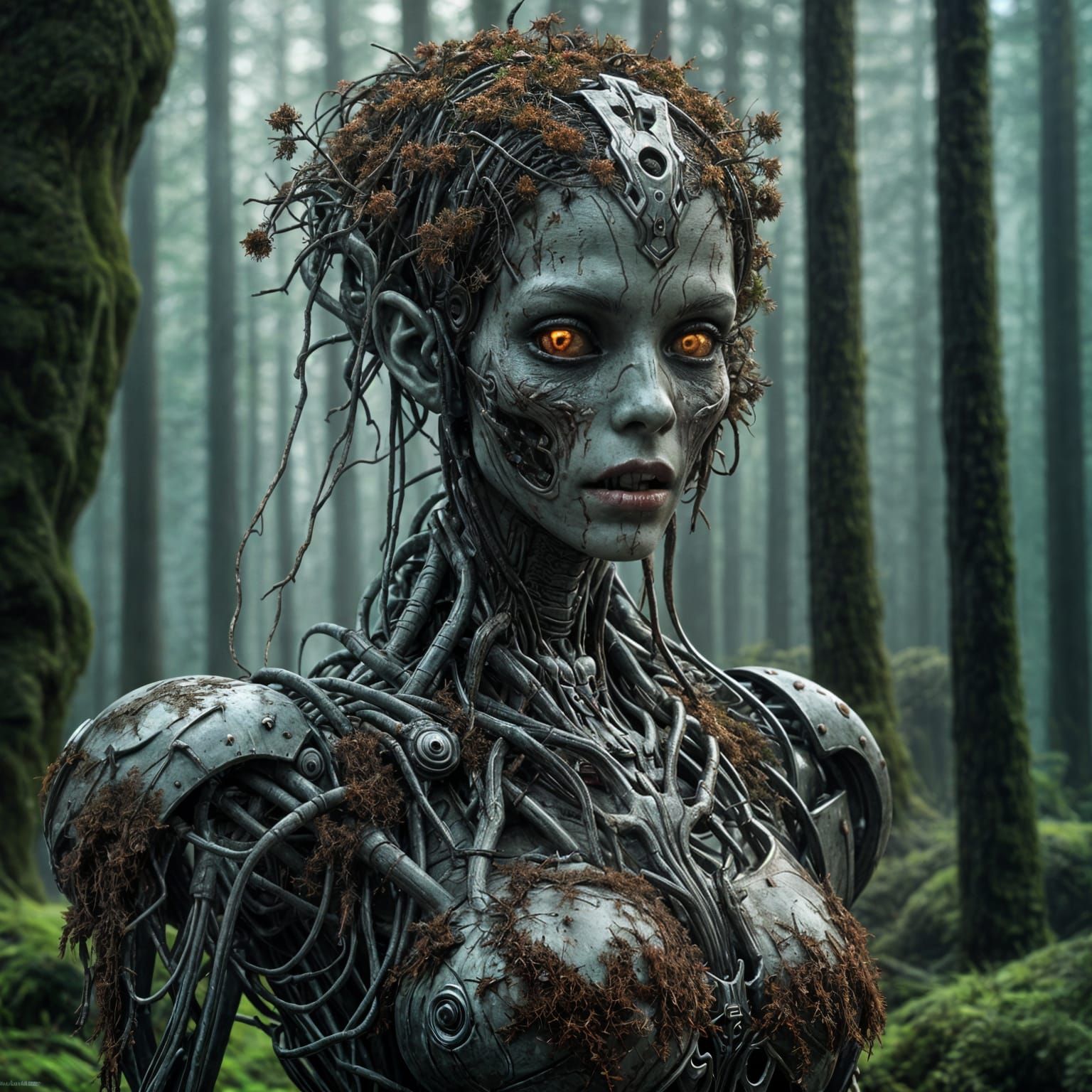 Cyborg Vampire in Forest: Detailed Matte Painting