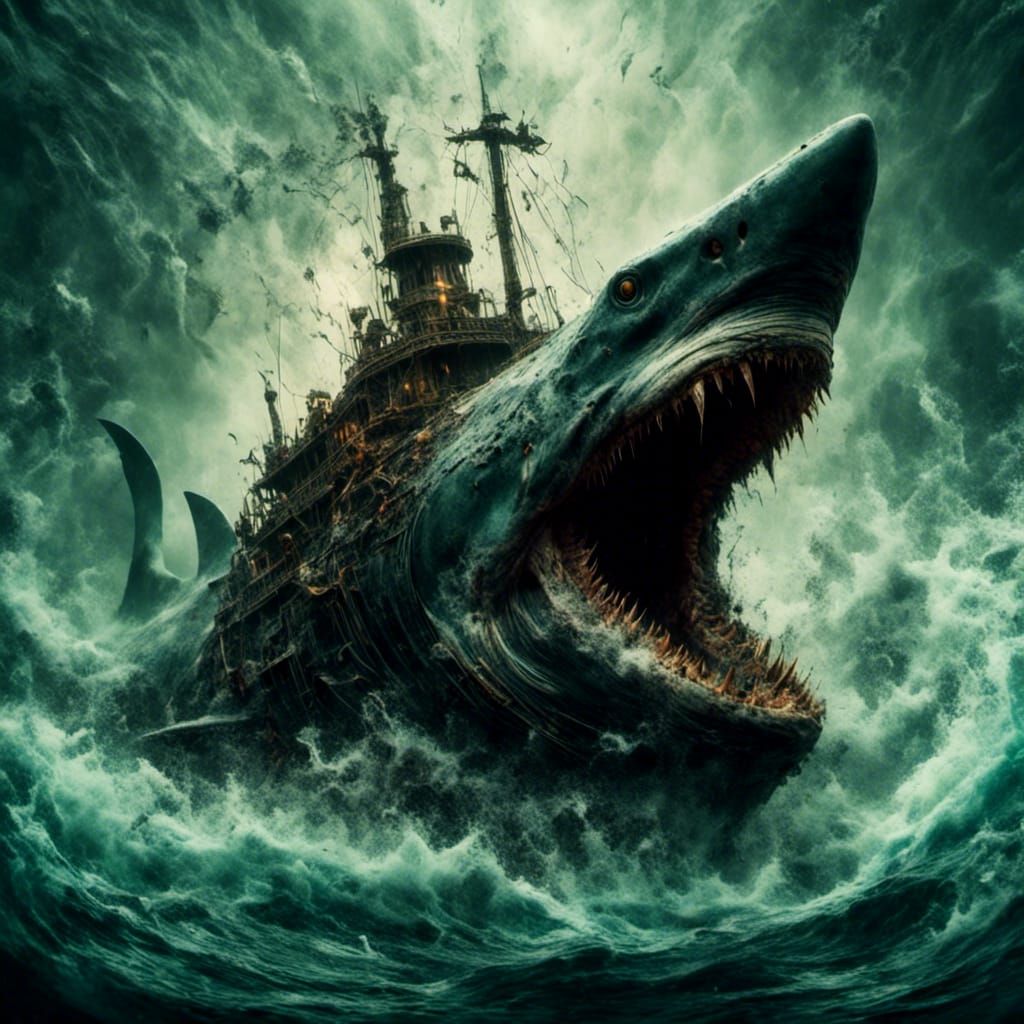 Sinister Shark Ship Sinking into the Sea