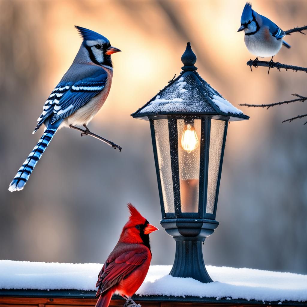 Cardinal and Blue Jay in Winter Light