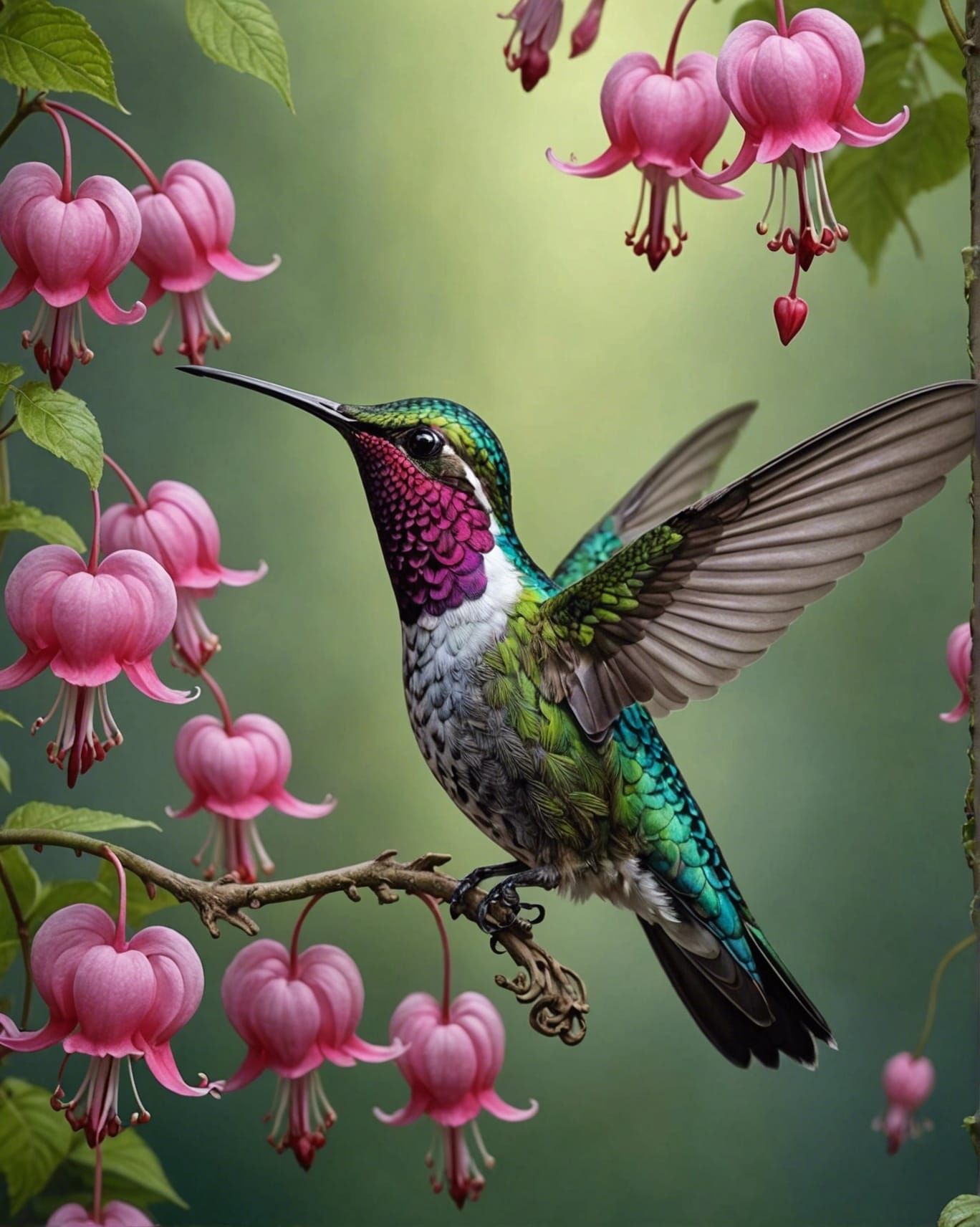 Hummingbird and Bleeding Heart Flowers in Filigree Style