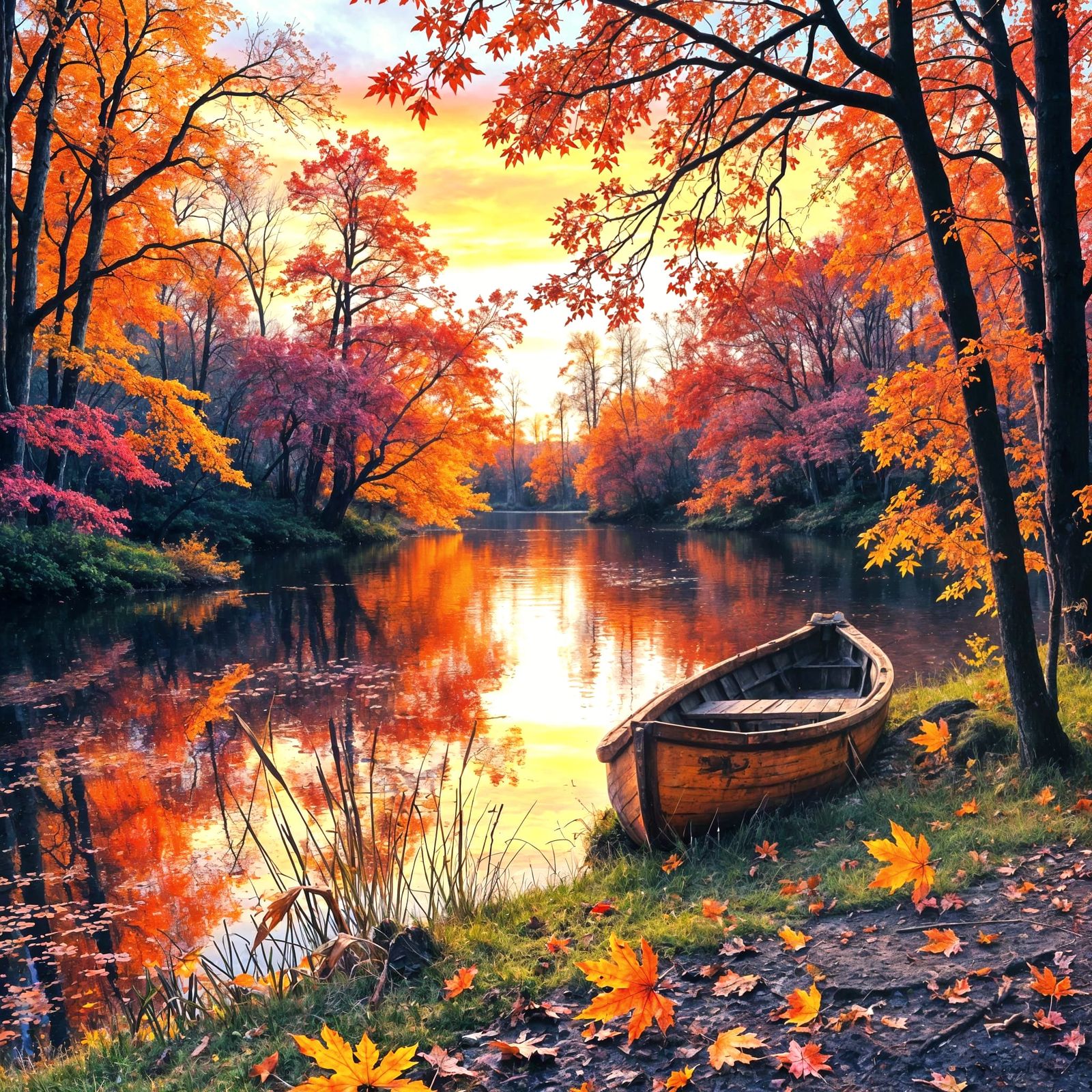 Vibrant Autumn Lake Scene in Painterly Style