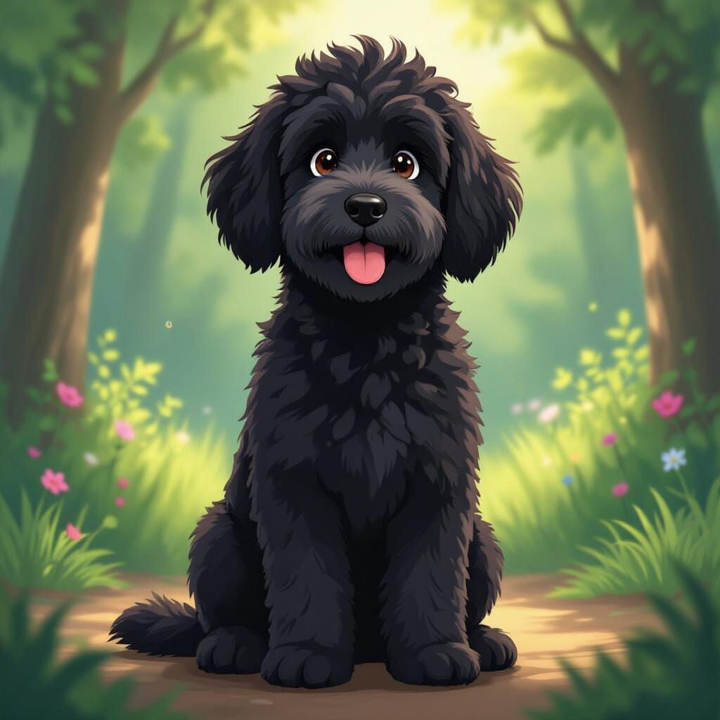 Cute Fluffy Black Labradoodle in Anime Style