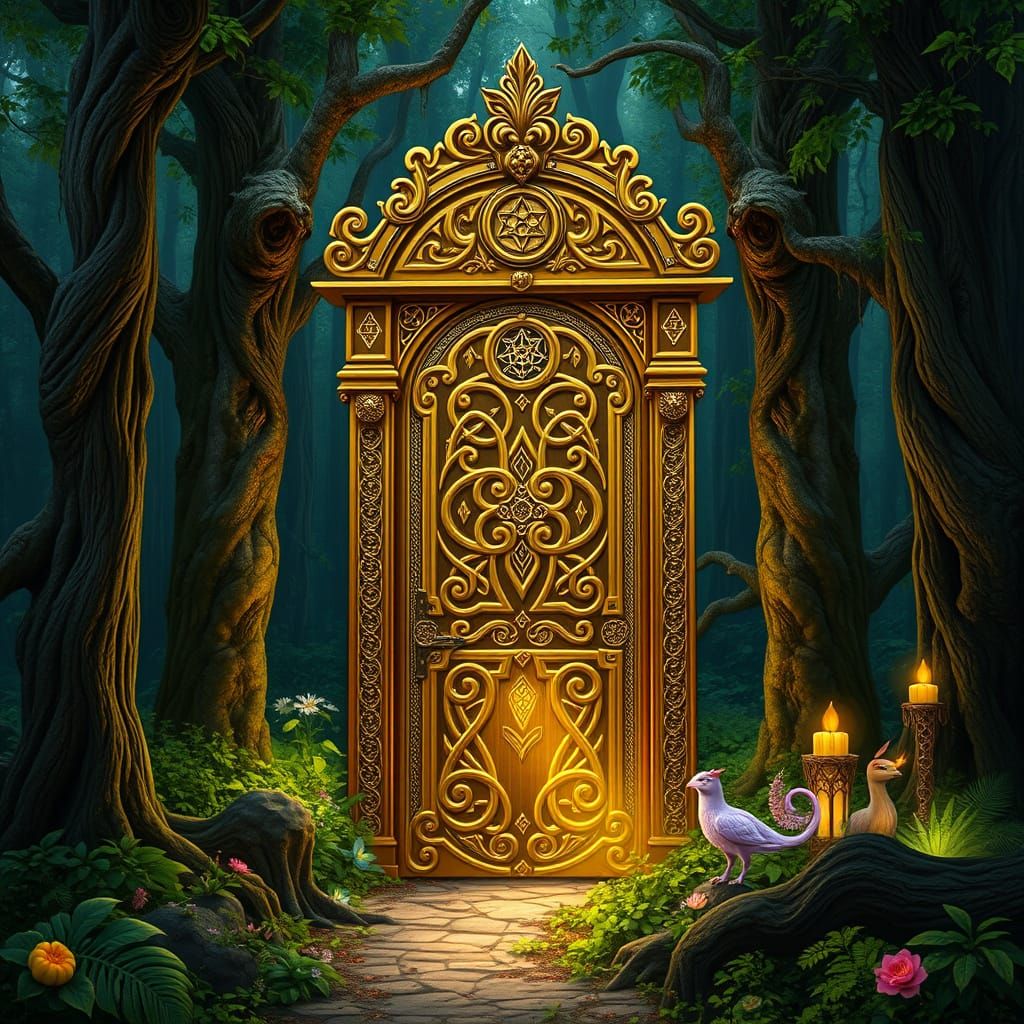 Golden Celtic Door in Ancient Forest