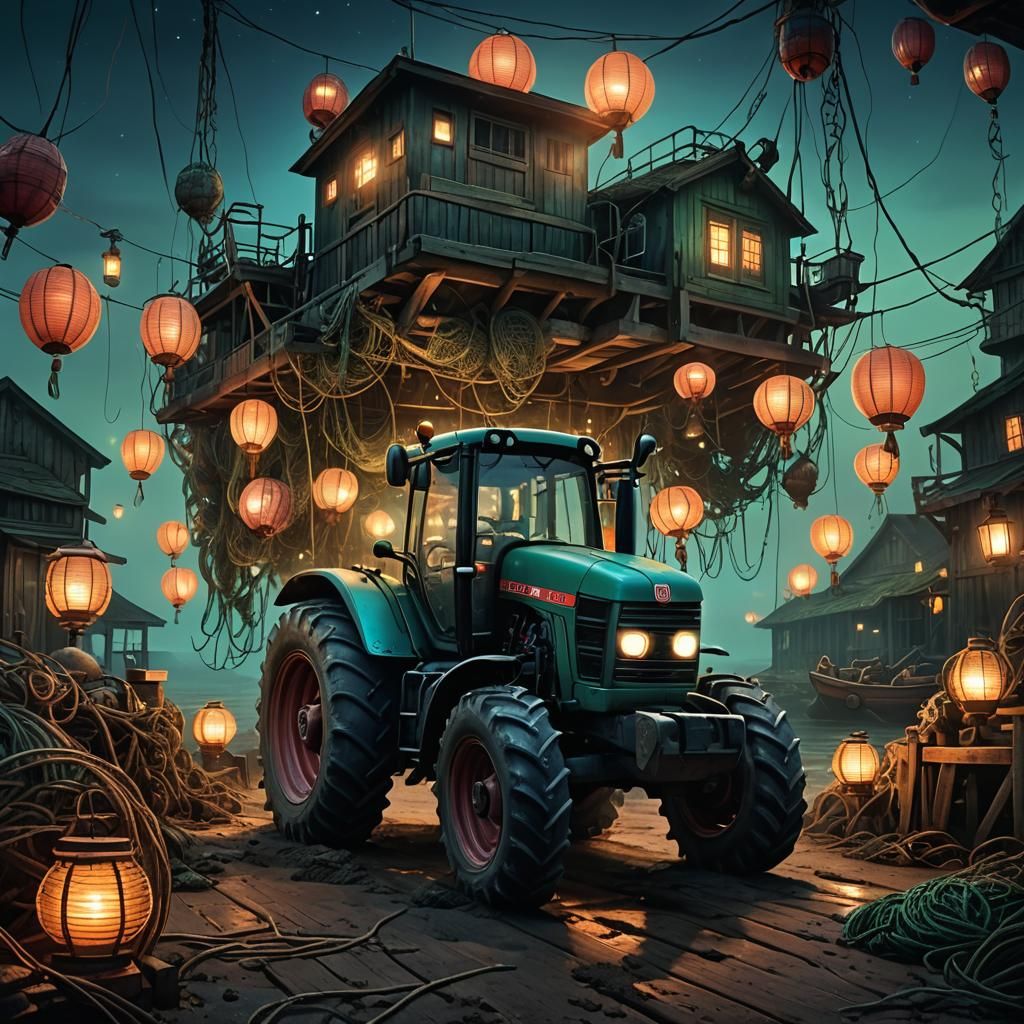 Tractor on Eerie Dock in Matte Painting Style