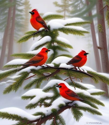 Cardinals in Snowy Pine Tree: Detailed Matte Painting