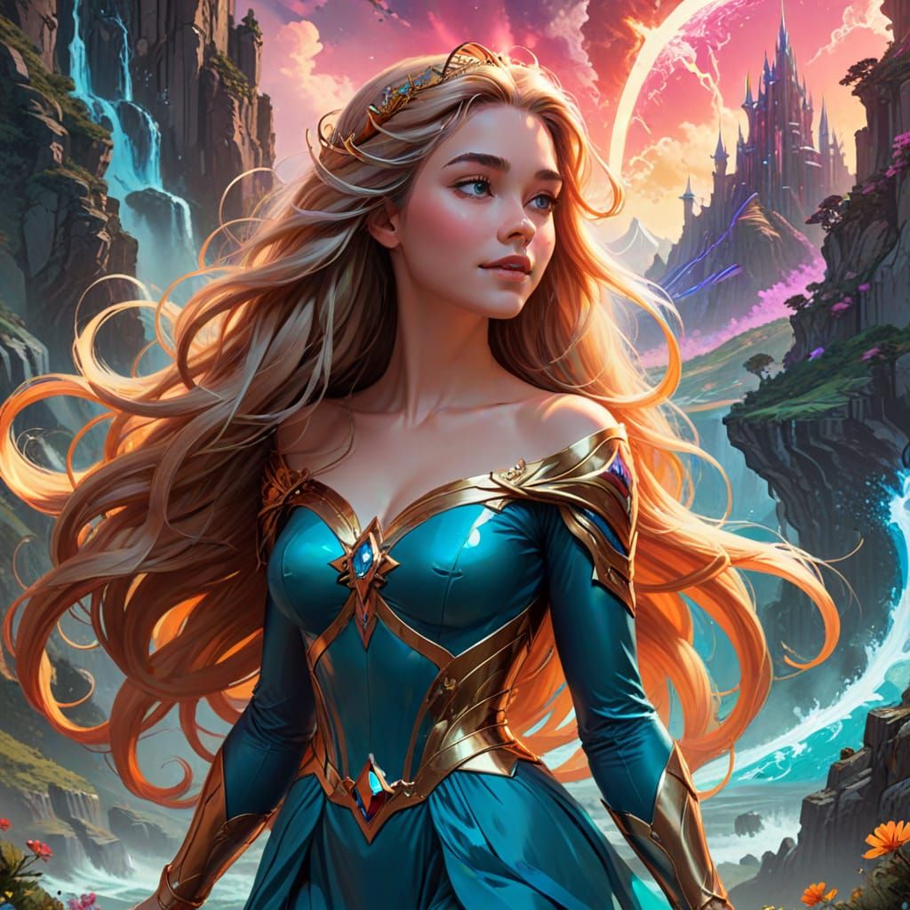 Retro Comic Book Princess in Vibrant Utopian Landscape