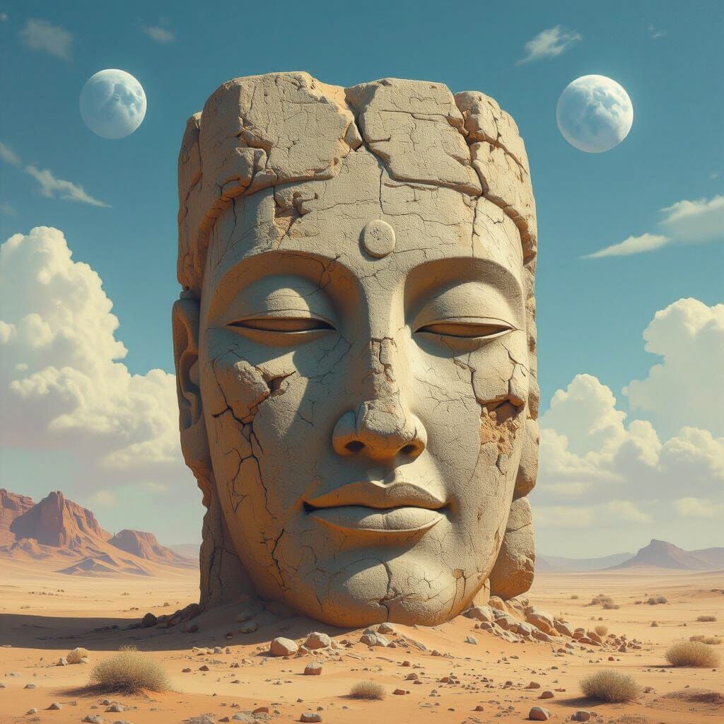 Ancient Deity Sculpture in Alien Desert Landscape