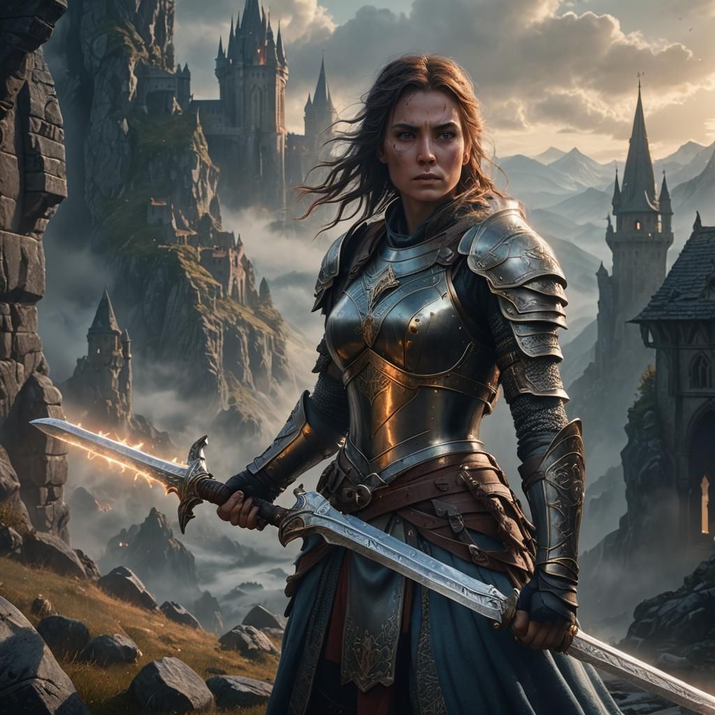 Warrior Woman with Glowing Sword in Misty Landscape
