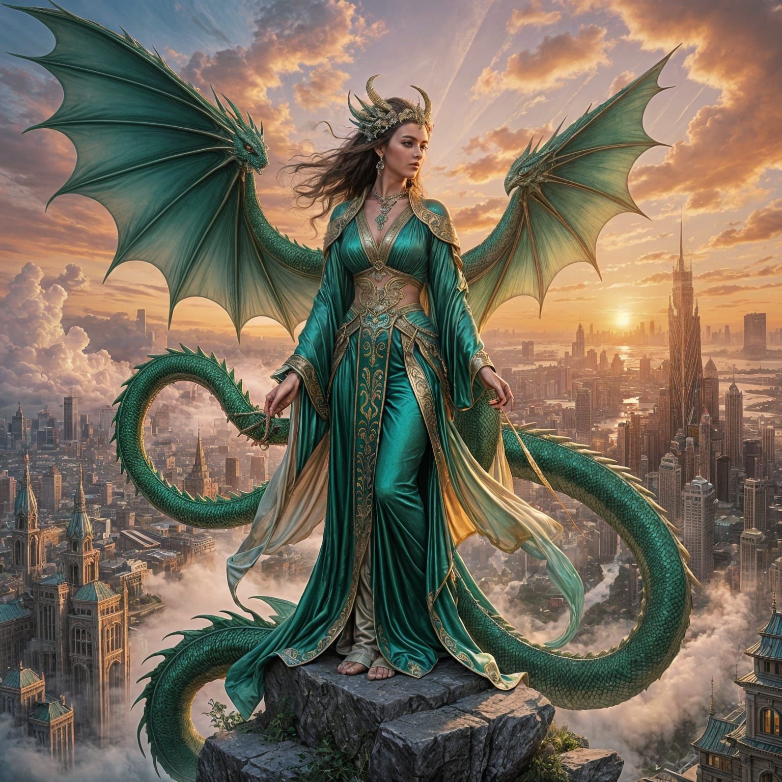 Ethereal Goddess Commands Emerald Dragon Over Cityscape