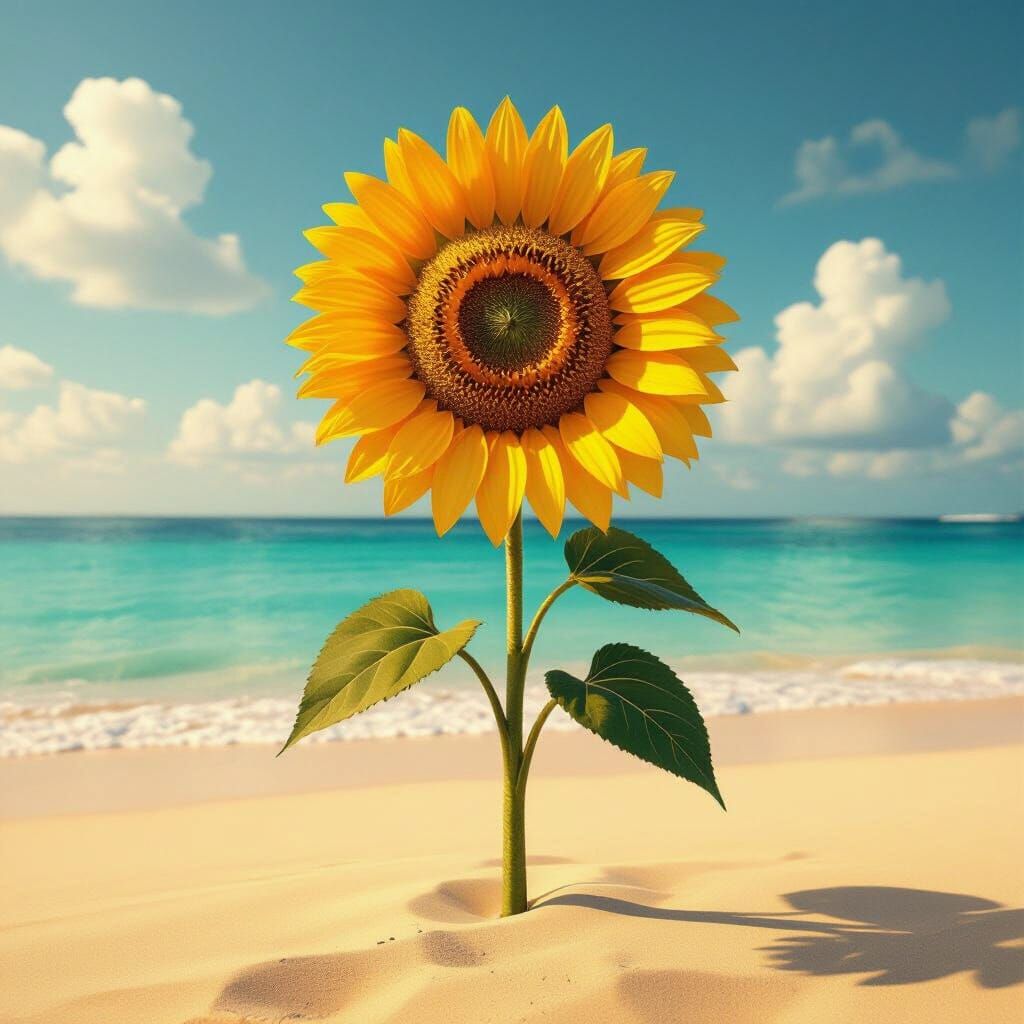 Sunflower on Beach in Vibrant Surreal Style