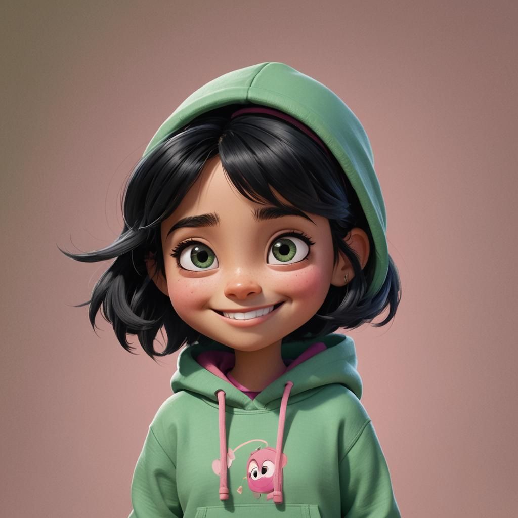 Cute Girl in Pixar Style with Green Hoodie