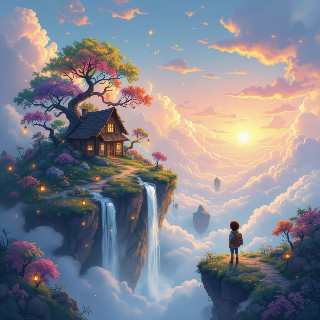 Floating Island with Waterfalls Above Clouds, Fantasy Art