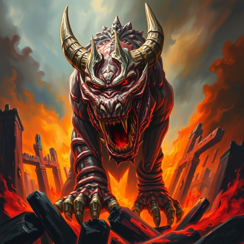 Fiery Hellhound Ascending: Impressionistic Oil Painting