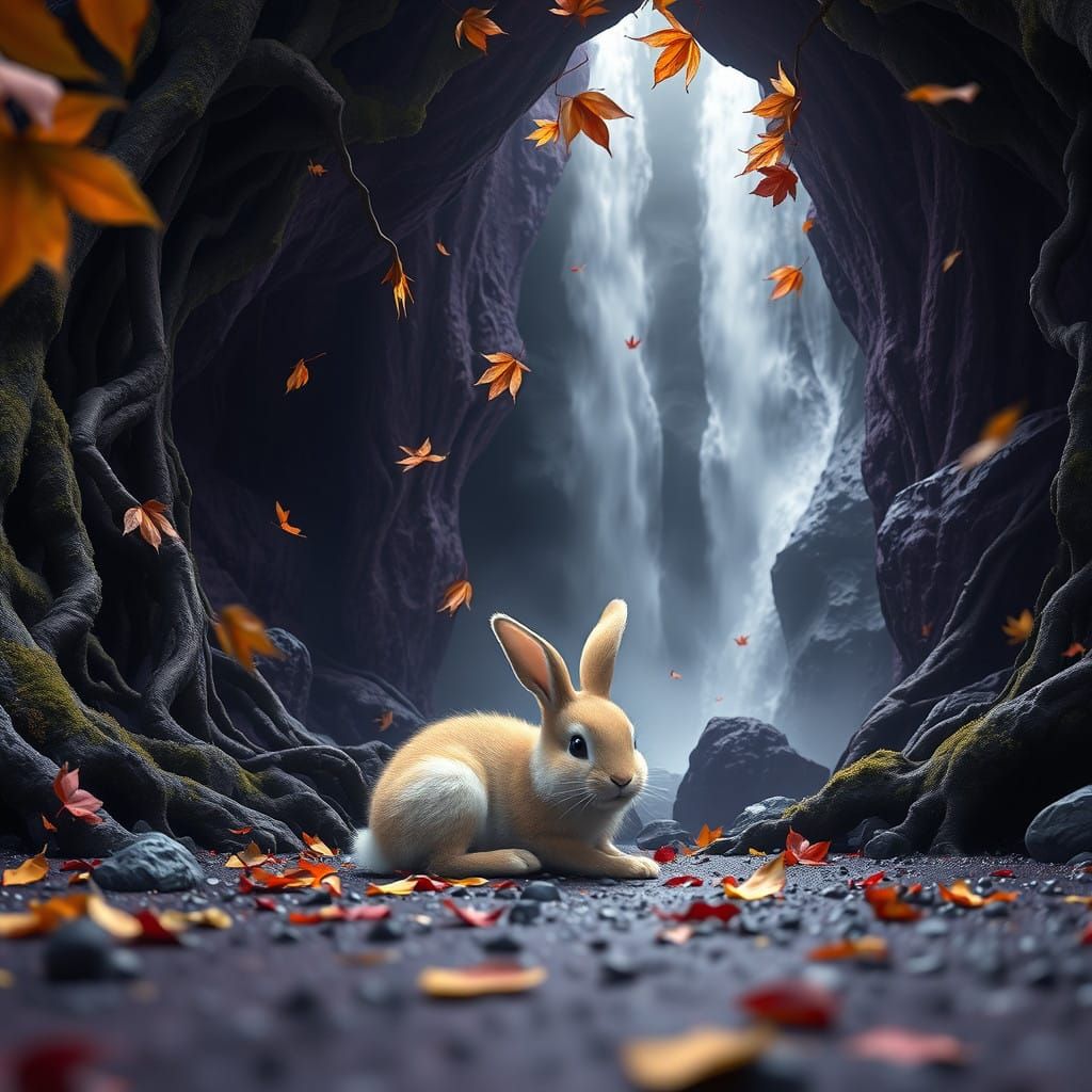 Dark Fantasy Cave Scene: Hyperrealistic Bunny Amidst Ancient...