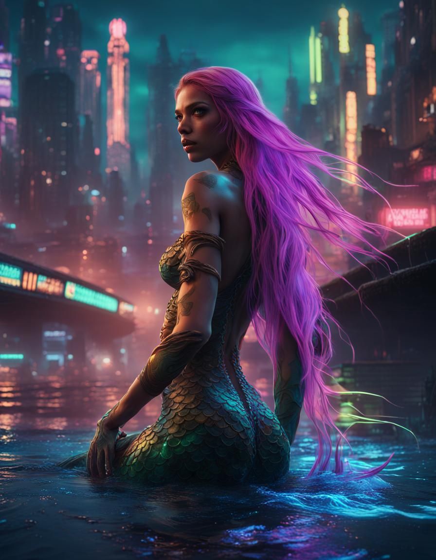 Cyberpunk Mermaid in Neon Cityscape