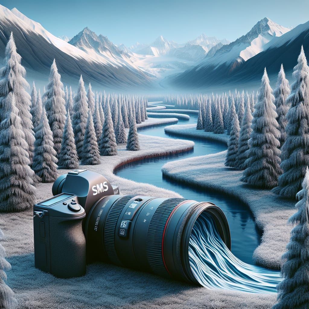 Hyperrealistic Frozen Forest River Emanating from Camera