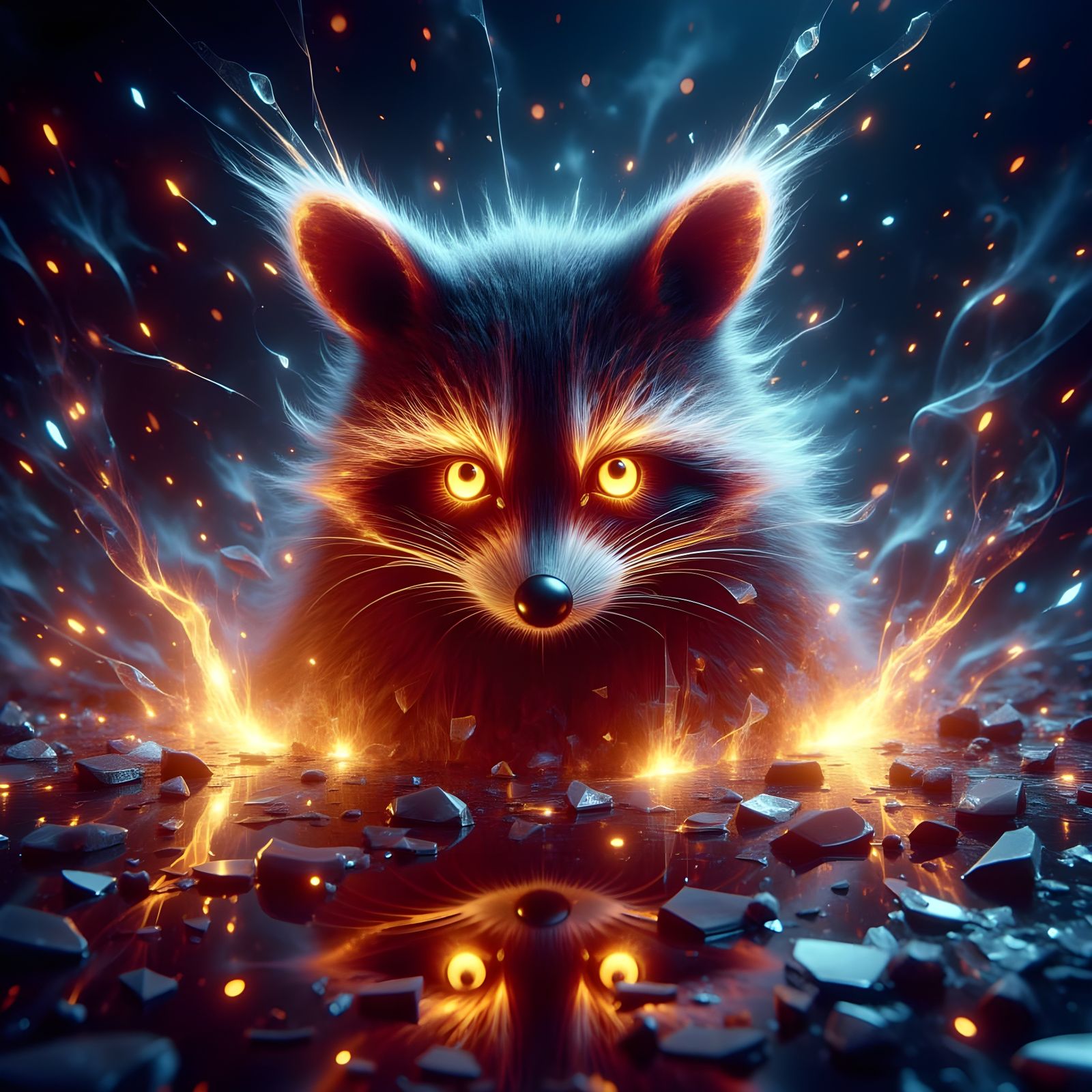 Raccoon with Fiery Eyes in Brocken Glass Style