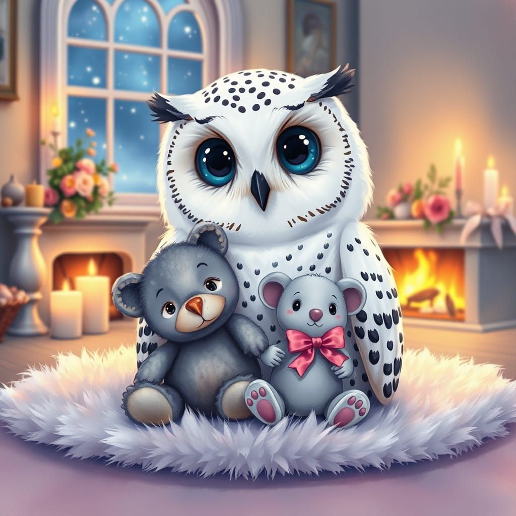 Whimsical Baby Owl Delight - Cozy Fireplace Scene