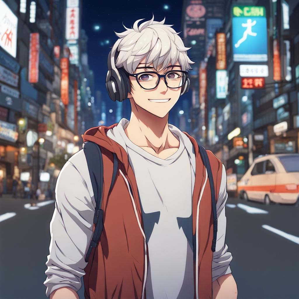 Anime Style Asian Boy in Japan Night City