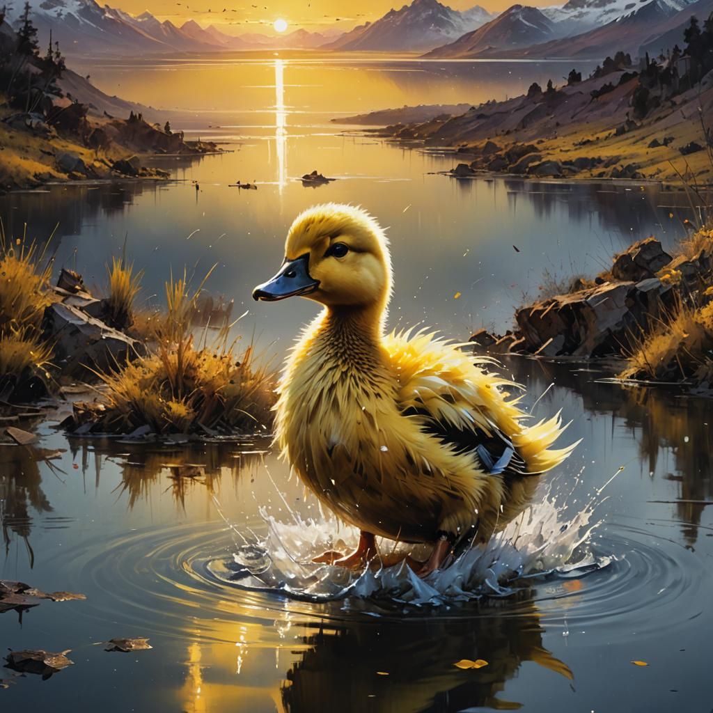 Fluffy Duckling Splashing at Sunset: Detailed Digital Painti...