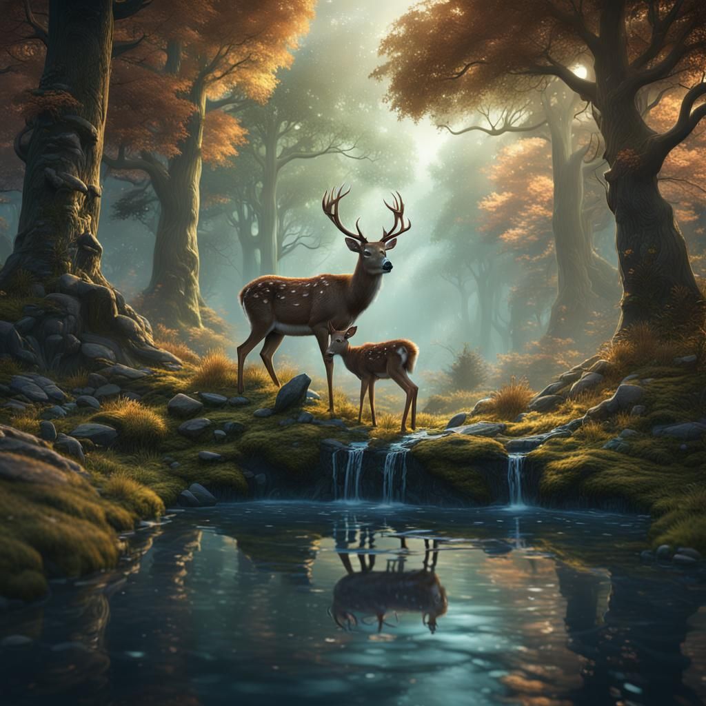 Deer Drinking in Forest: Detailed Matte Painting