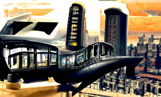 Flying Subway Train in Dystopian Cityscape