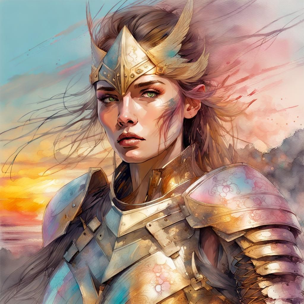 Woman Warrior in Gold Armor at Sunset