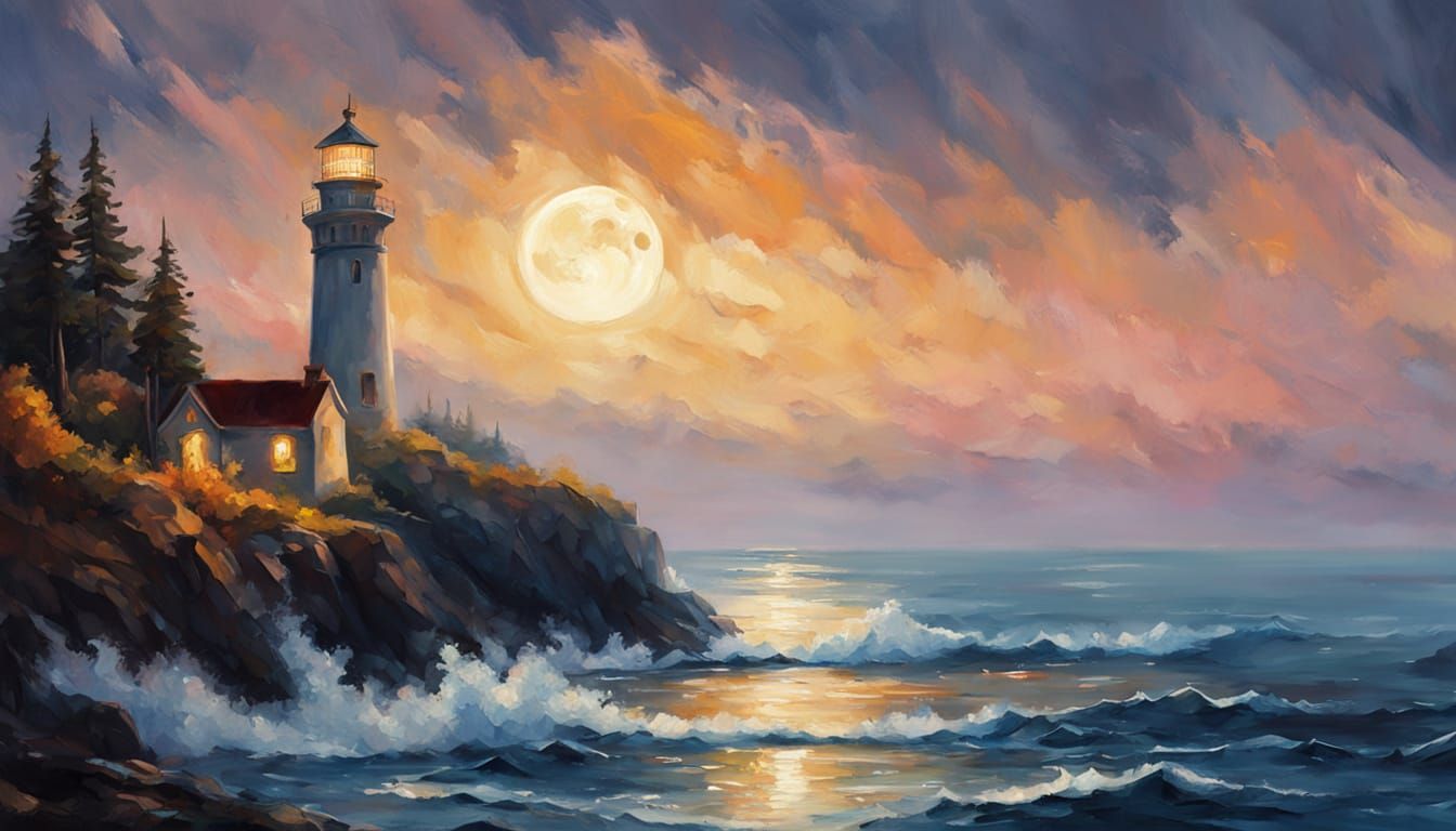 Surreal Coastal Lighthouse Scene in Impressionistic Style