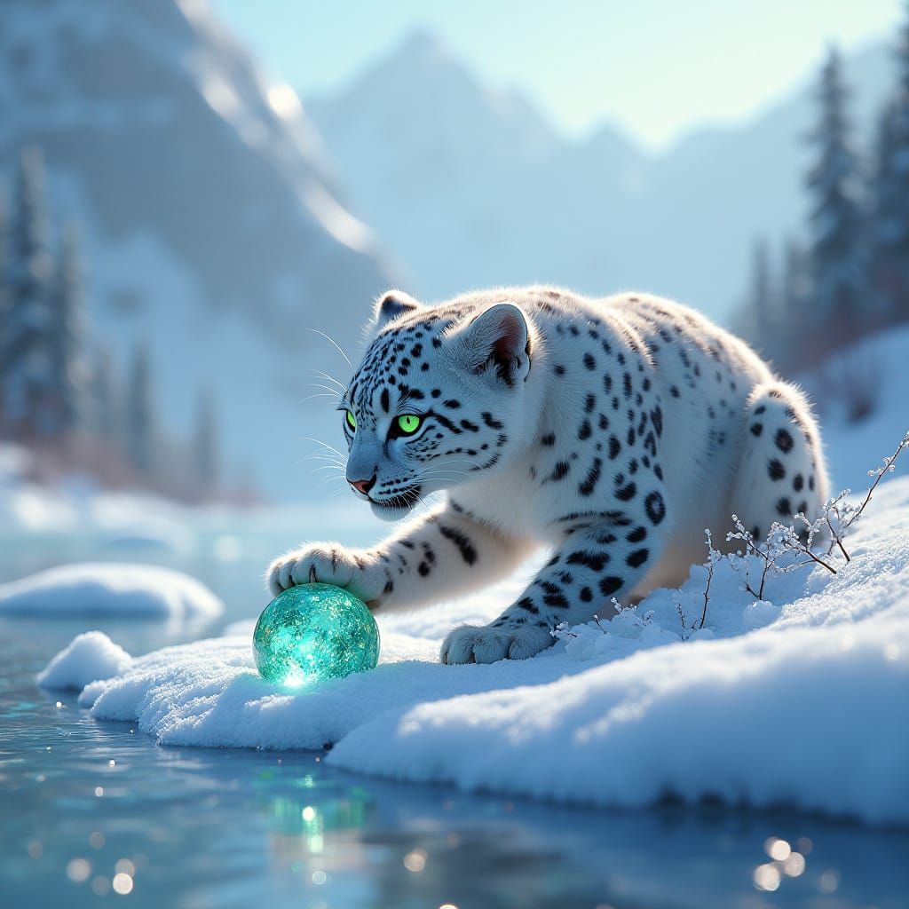 Majestic Feline Beings Frolic in Ethereal Snowy Wonderland