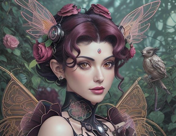 Elegant Art Nouveau Fairy in Hime Gyaru Attire with Industri...