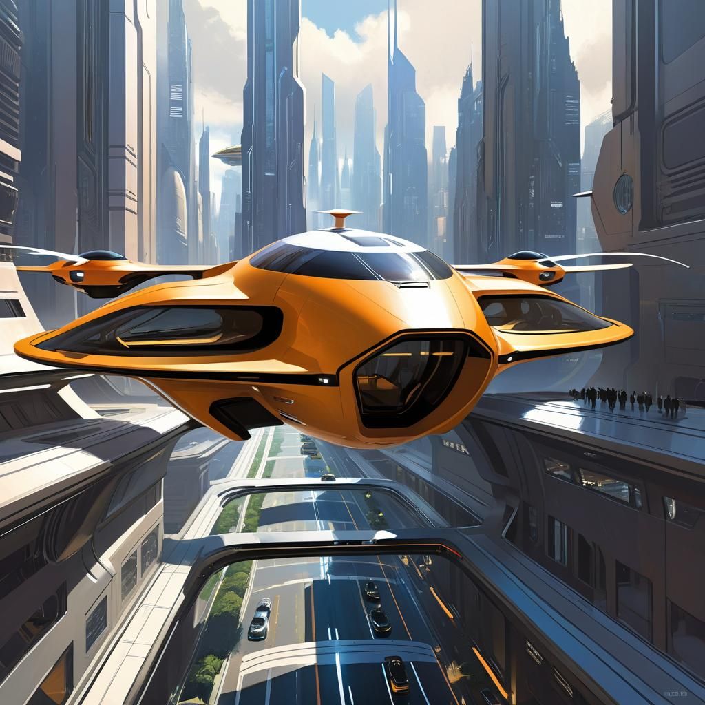 Futuristic Flying Taxi in Moody Cityscape Comic Art