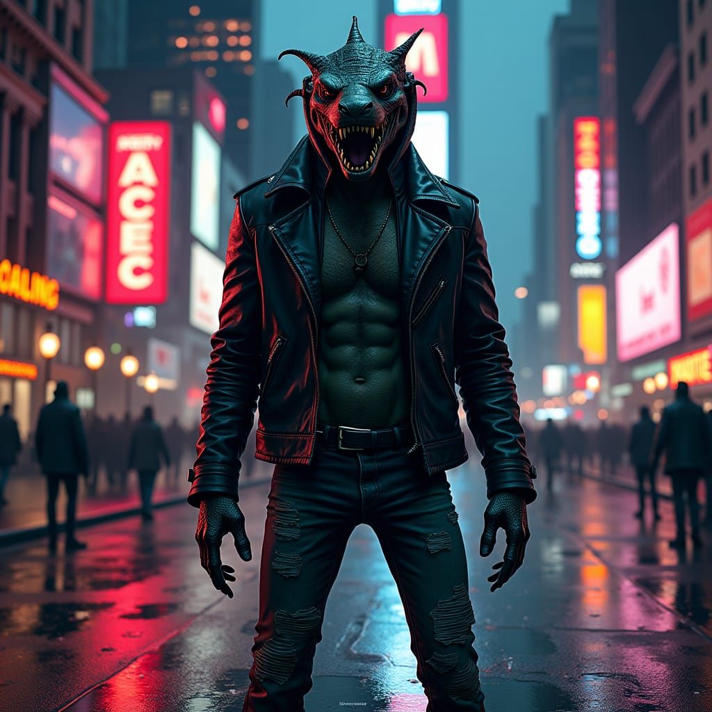 Serpent-Headed Villain in Noir New York Illustration