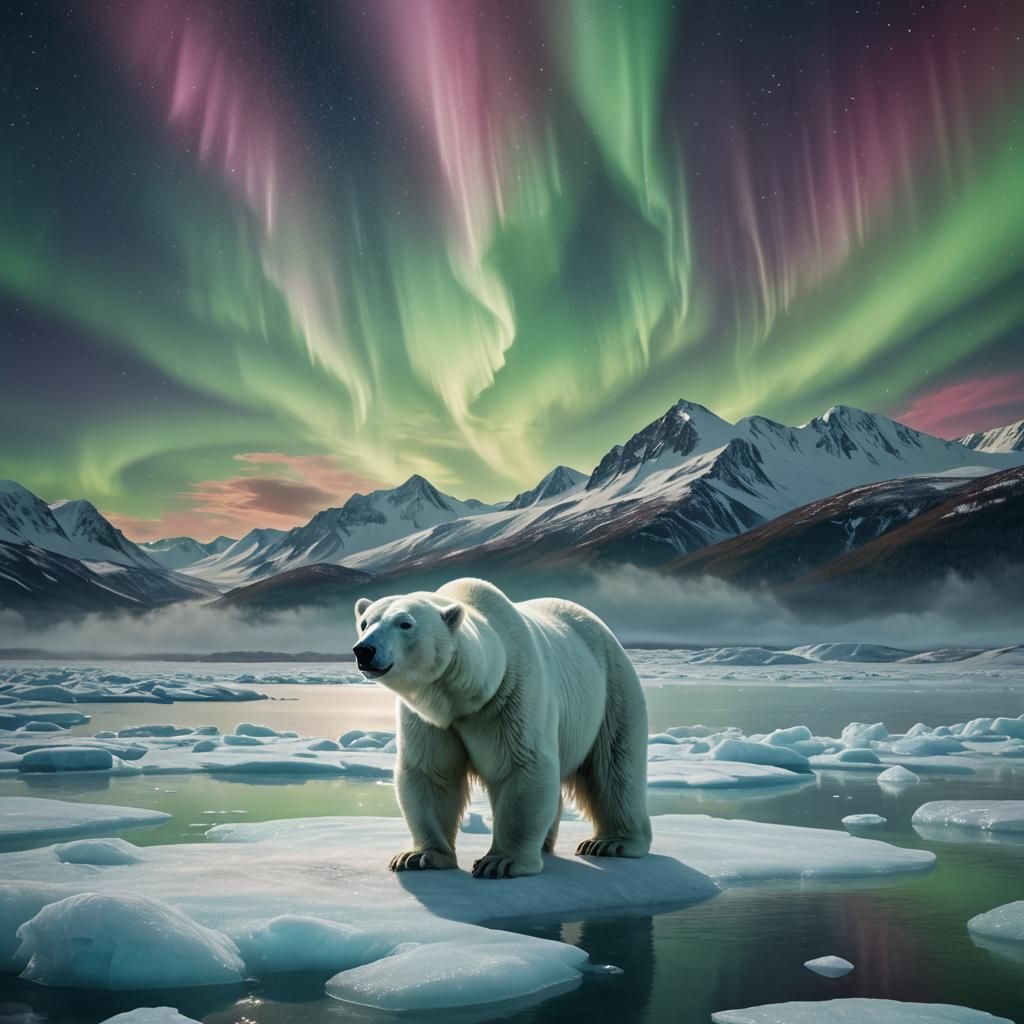 Majestic Polar Bear Under Arctic Aurora: Digital Matte Paint...