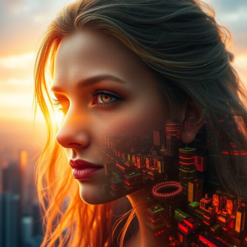 Nordic Goddess Sol Cityscape Double Exposure Portrait