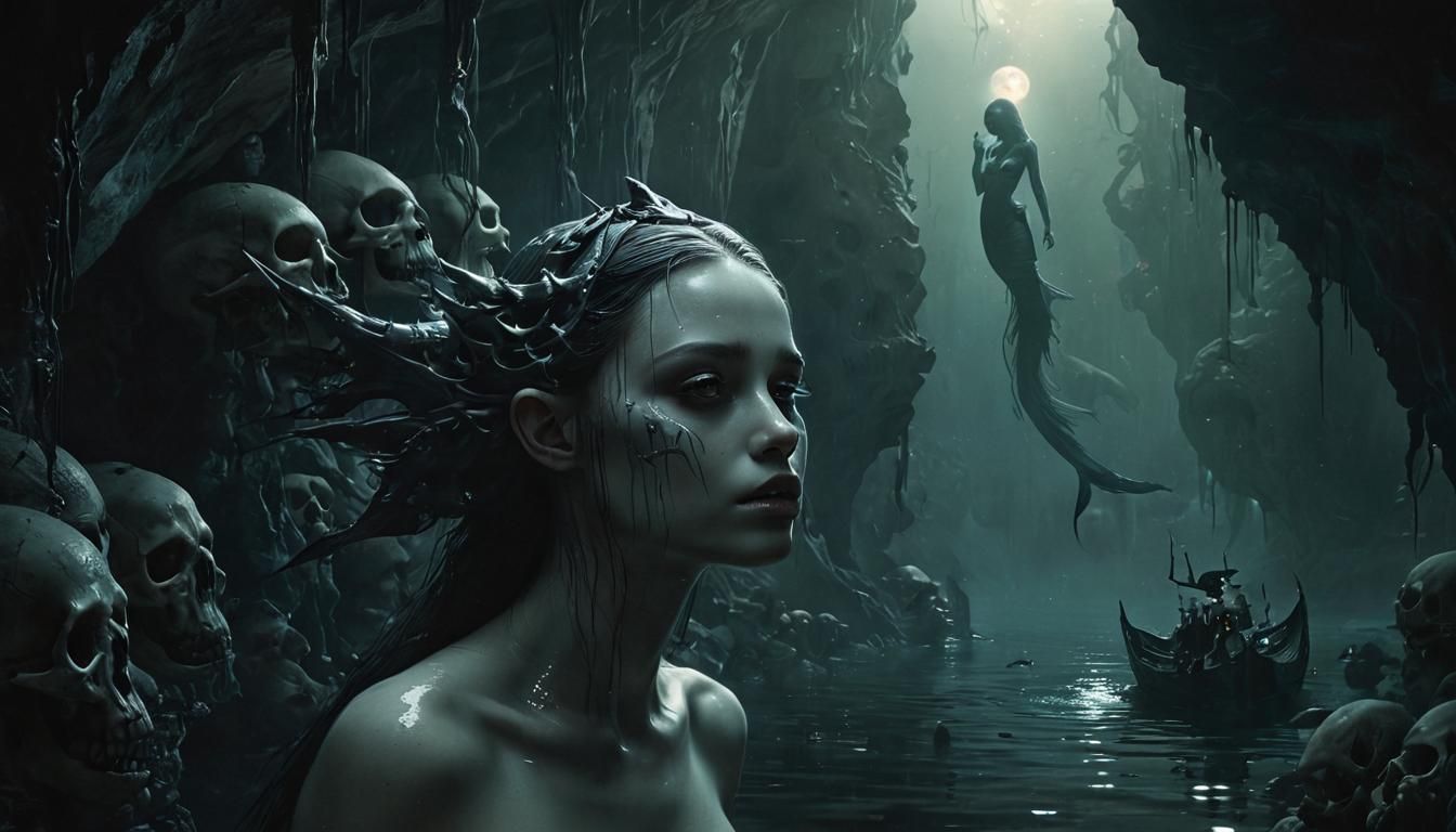Haunting Mermaid in Sunken Cave: Dark Fantasy Art