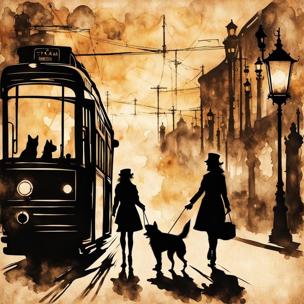 Woman and Dog in Steampunk Ink Painting