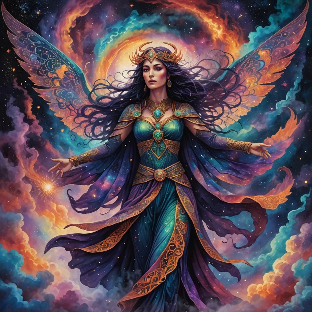 Morrigan in Nebula: A Psychedelic Cosmic Illustration
