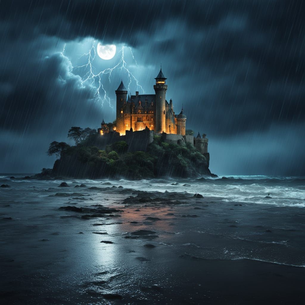 Haunted Castle in Midnight Storm by the Sea