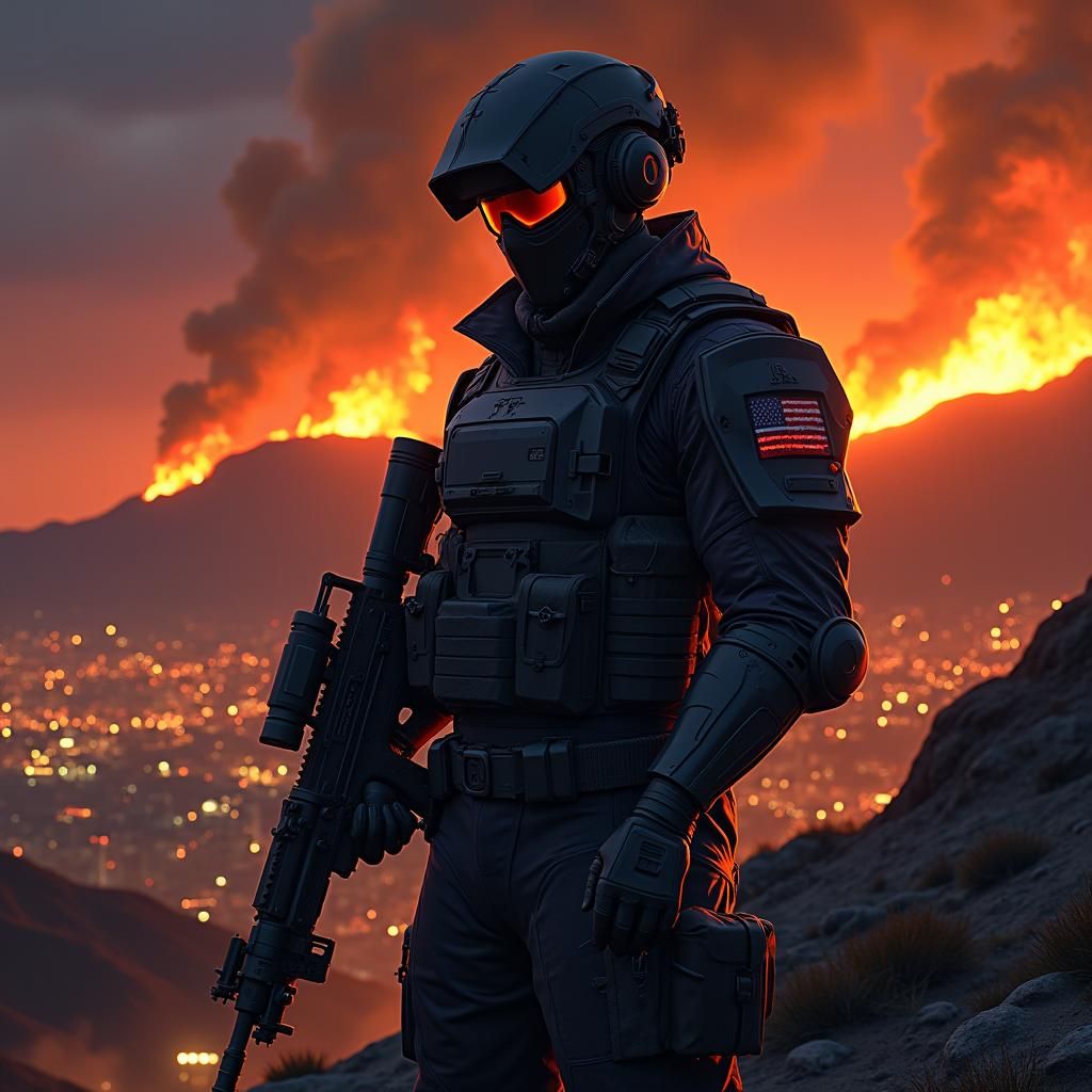 Anime Cyberpunk Soldier in Dystopian Landscape