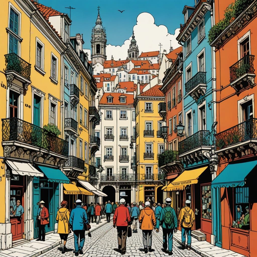 Lisbon Neighborhood Illustration in Tintin Style