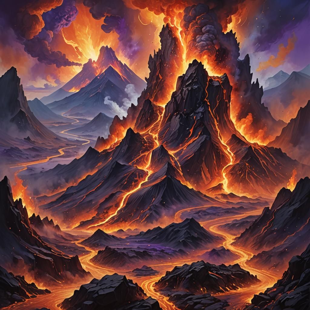 Volcanic Eruption in Mystical Landscape: Oil Painting