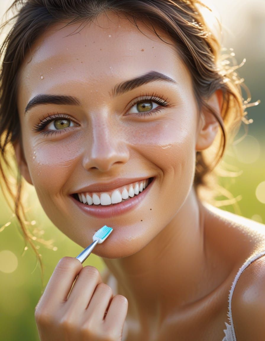 Elegant Young Woman Smiling with Toothbrush in Soft Focus