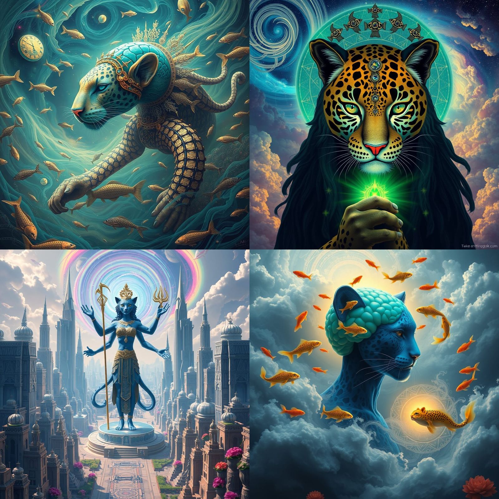 Surreal Cityscape with 11 Blue Leopard Gods in a Geometric T...