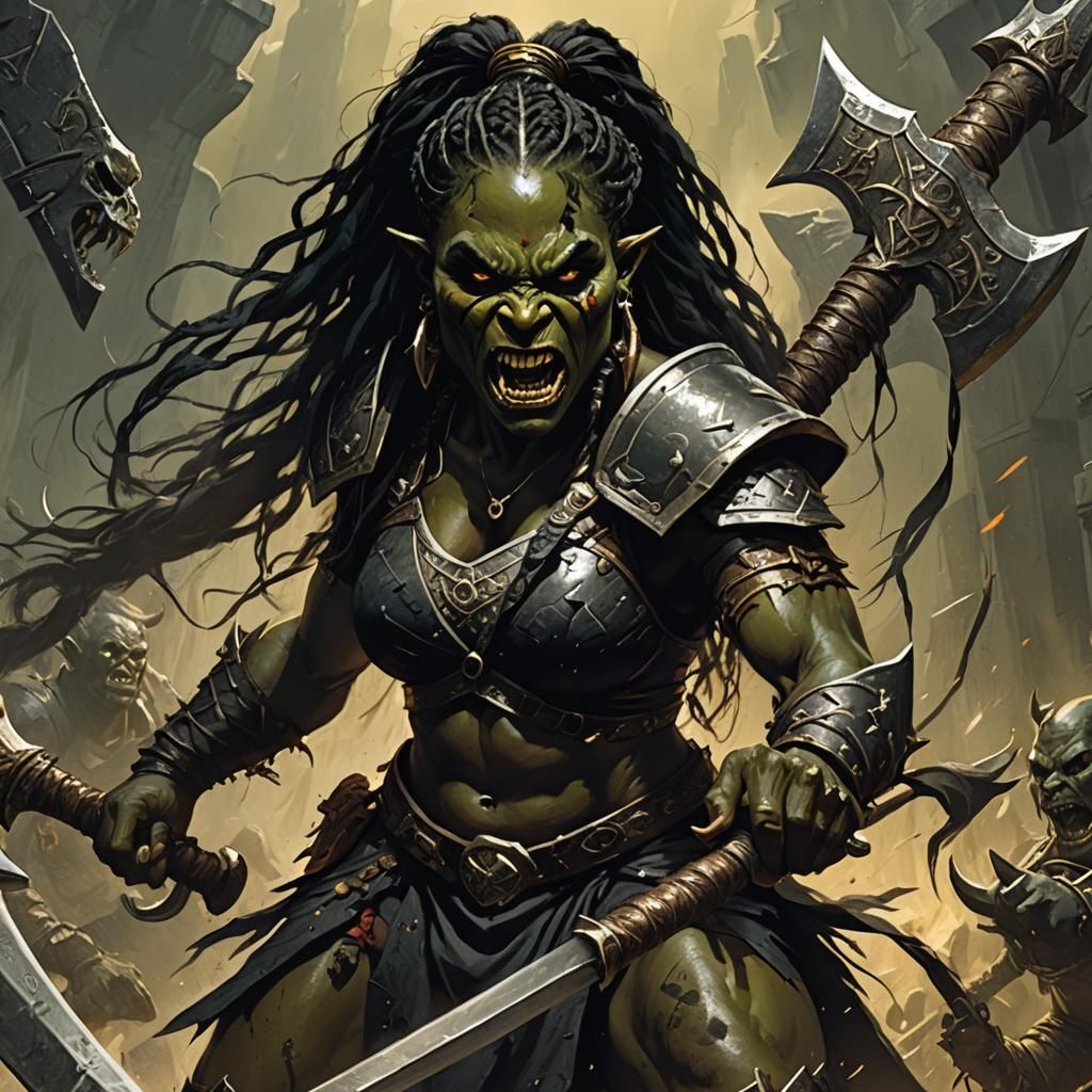 Fierce Black Orc Warrior with Glowing Axe