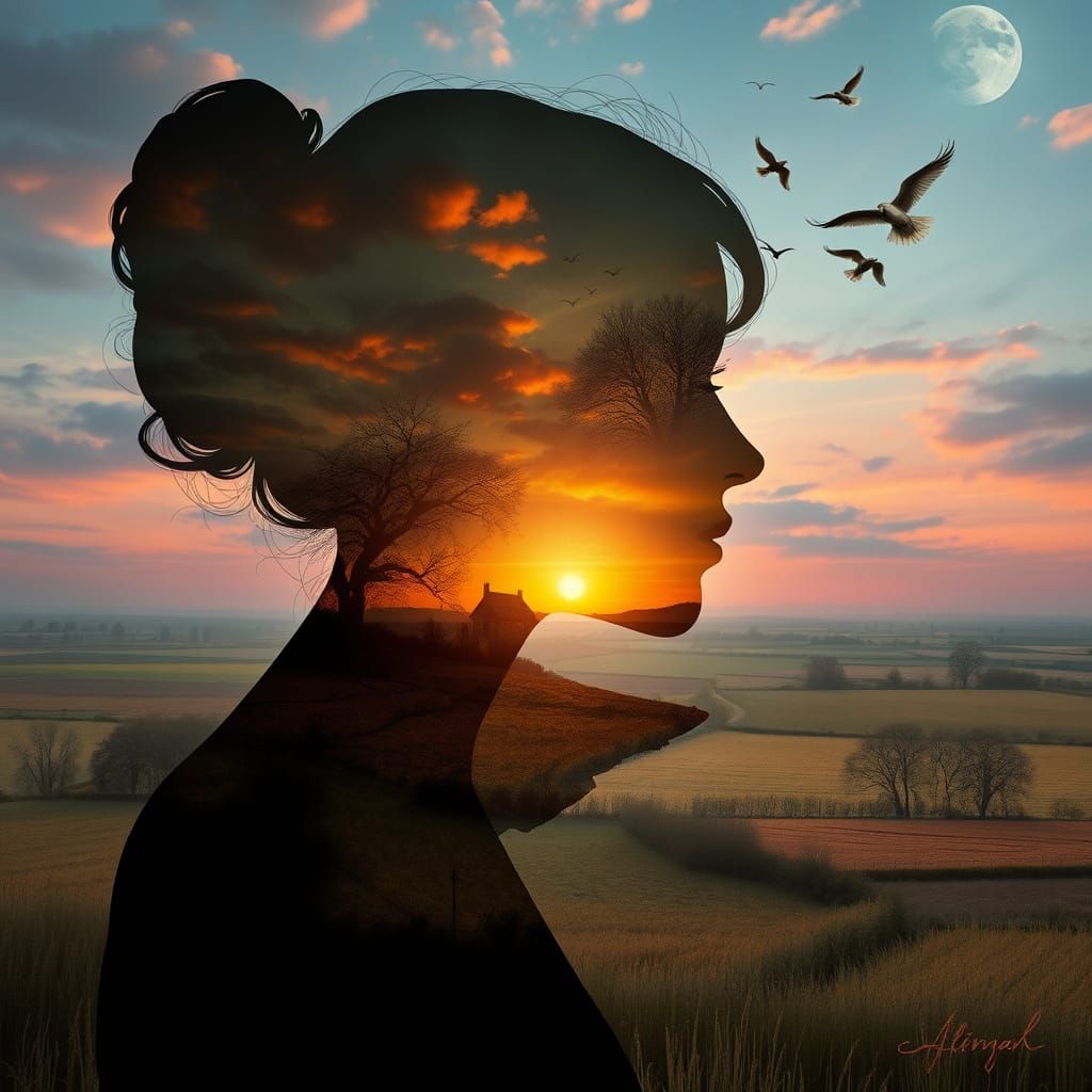 Surreal Silhouette Woman Merging with Rural Landscape