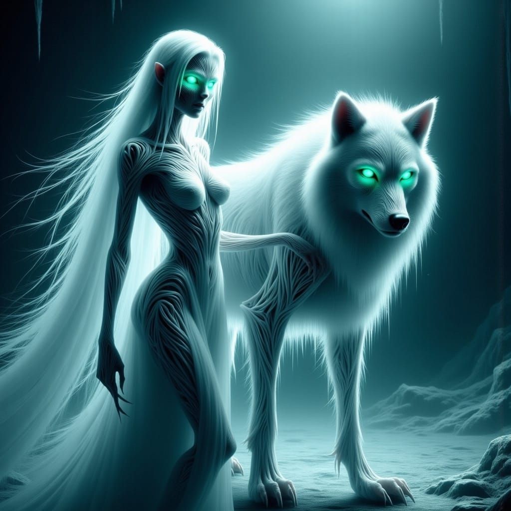 a crimson female fae <lora:-WhiteWalker Fusion-:1.0> , white wavy hair and green eyes, wearing a wispy white dress, a la...