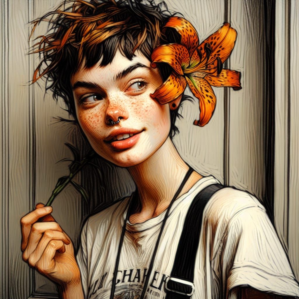 full body tiger lily young 30ish ginger hair freckled cross-eyed sly grin homely but cute woman grunge couture tshirt me...