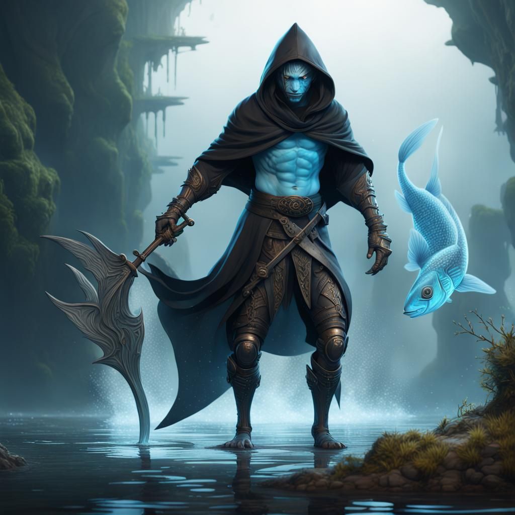 Fish Man with Cloak: Detailed Matte Painting