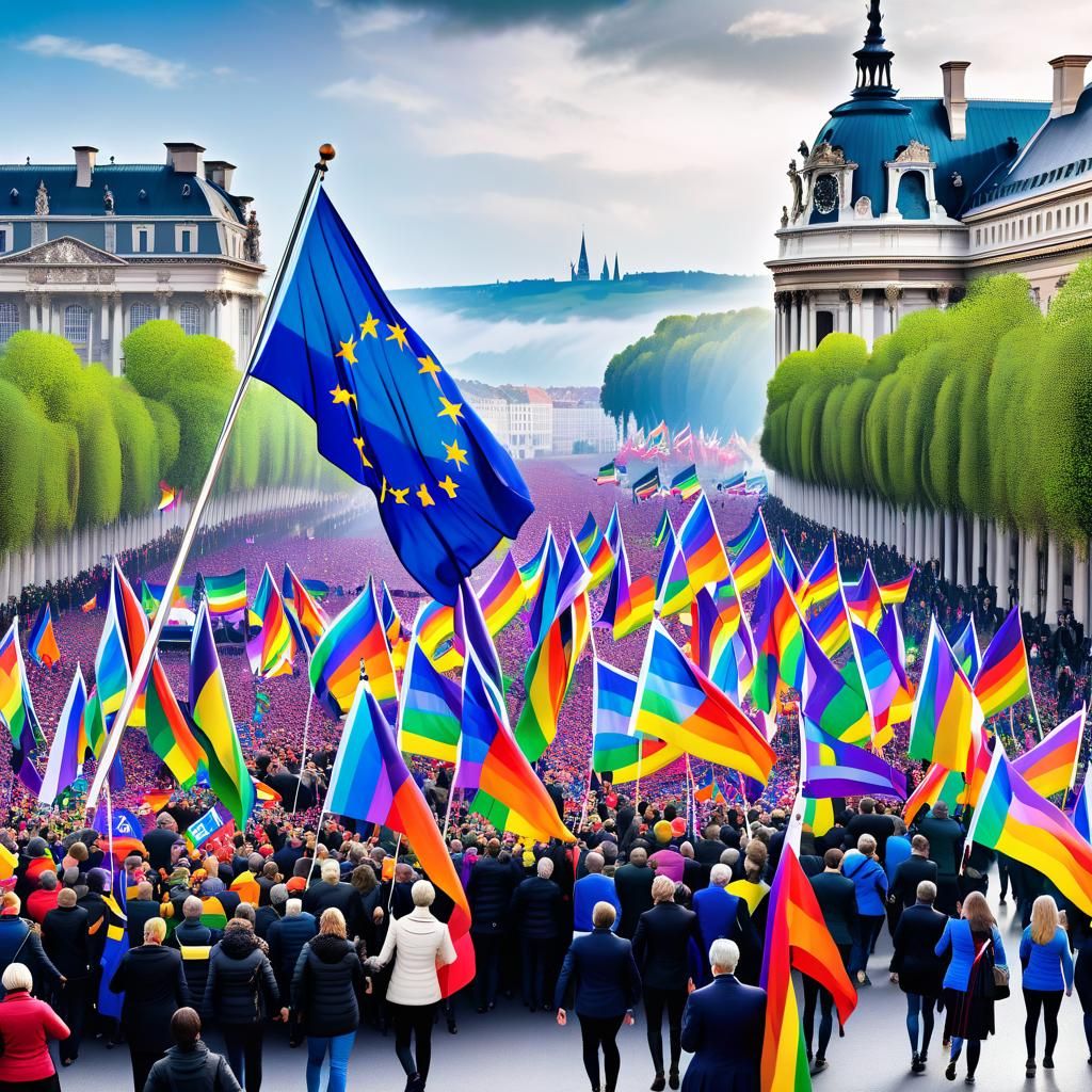 LGBT Pride March with EU Flag: Cinematic Digital Art