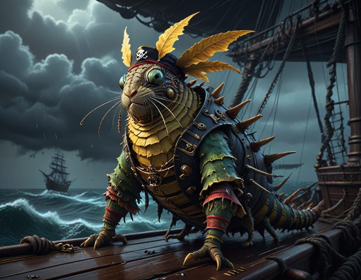 Pirate Caterpillar on Stormy Seas, Digital Art